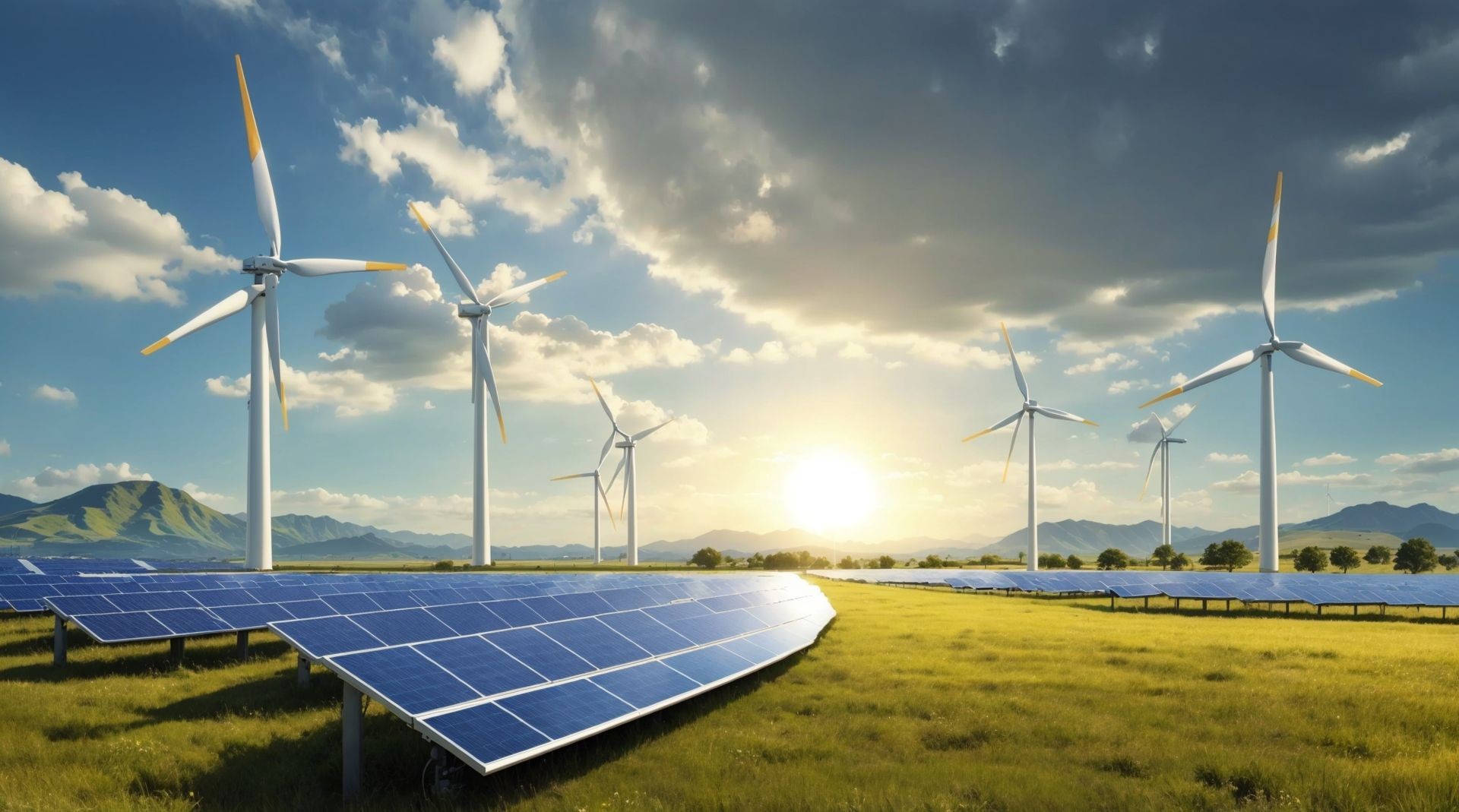 Solar panels and wind turbines in a grassy field with mountains in the background and a bright sunrise.