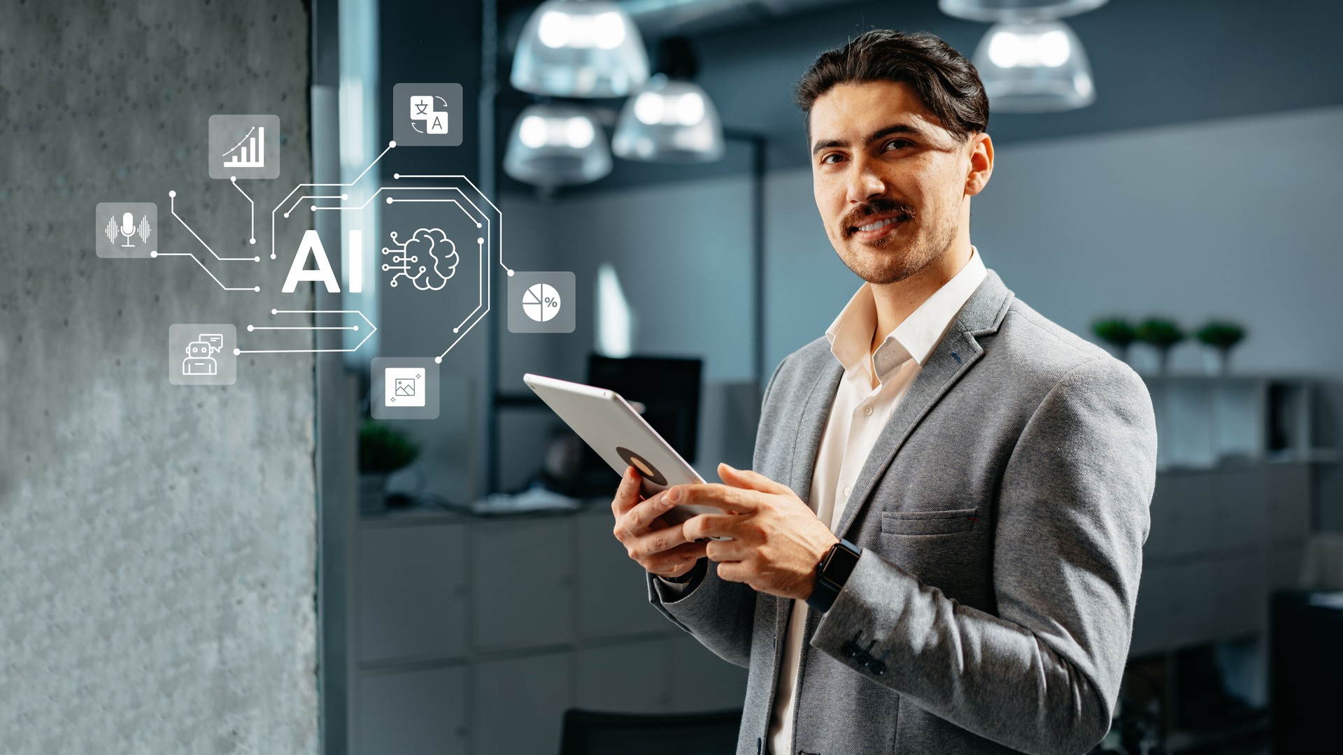 Man in business attire engages with technology, exploring artificial intelligence concepts in a modern office setting