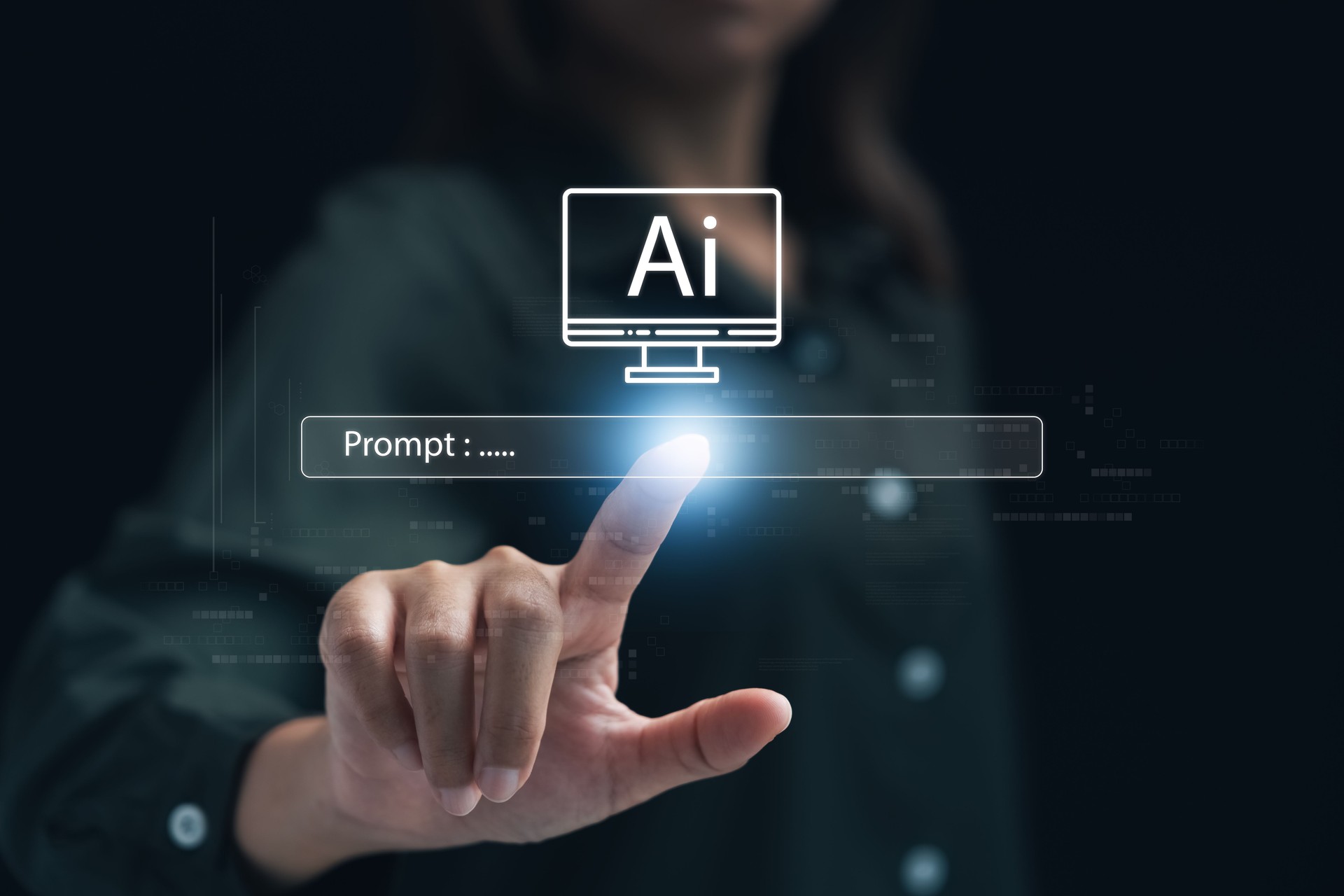 Information services for businesses using AI technology, artificial intelligence, businesswoman touching the AI Prompt box to enter customer analysis orders, Chatbot technology using AI in marketing.