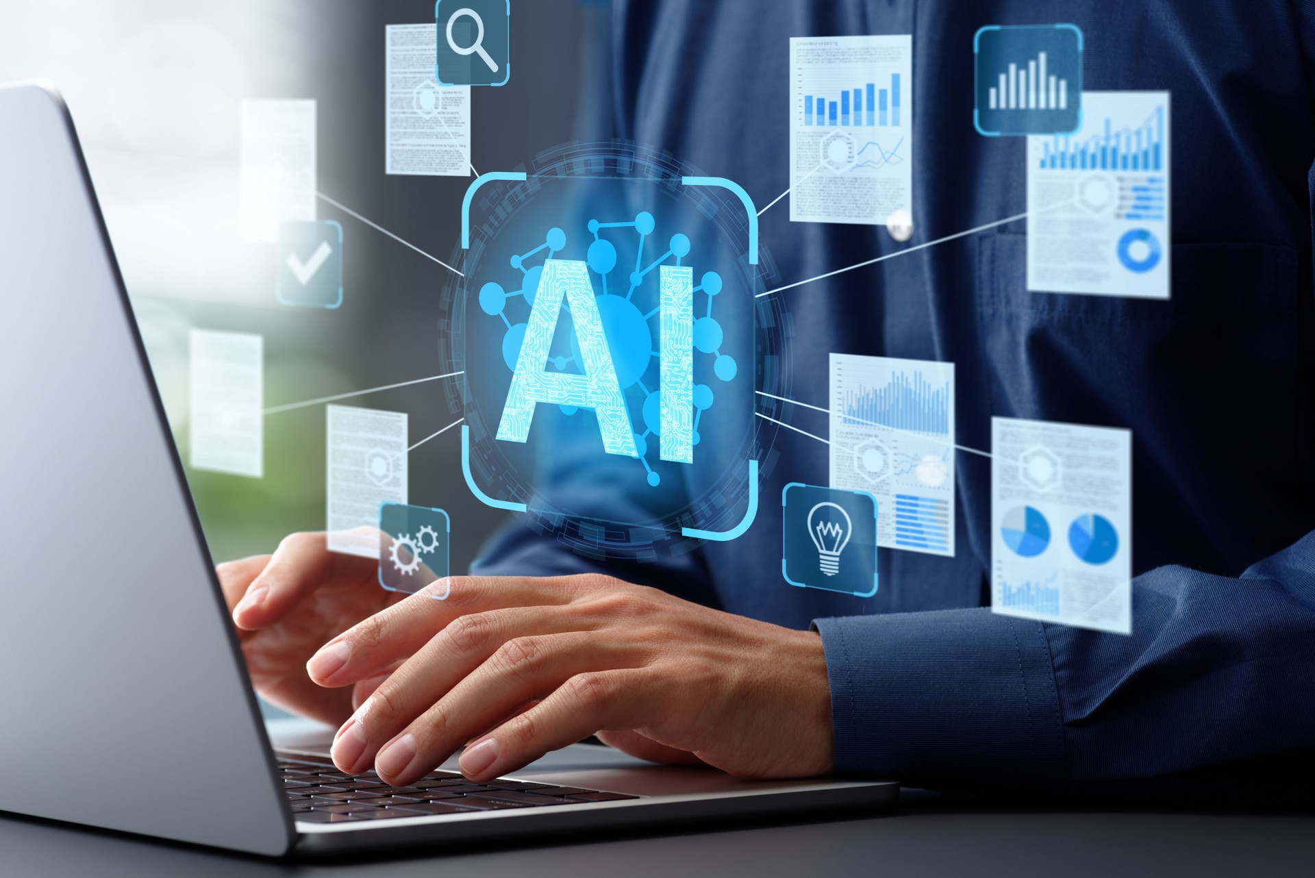 AI analyzing and summarizing data reports or papers. Artificial intelligence generating document. Businessman typing on laptop computer keyboard at desk in office.